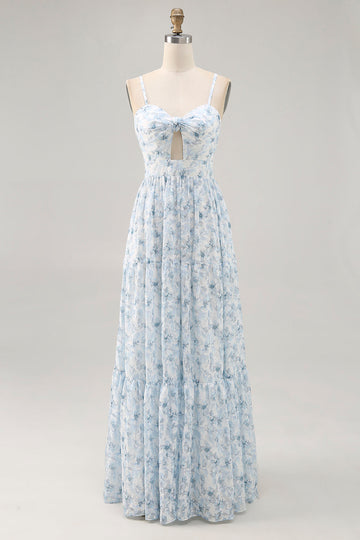 Blue Printed Floral Spaghetti Straps Cut Out Wedding Guest Dress